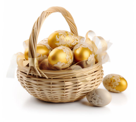 Basket with golden easter eggs on a white background. Isolatedの素材