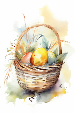 Watercolor style image of a wicker basket with colorful Easter eggs and flowersの素材
