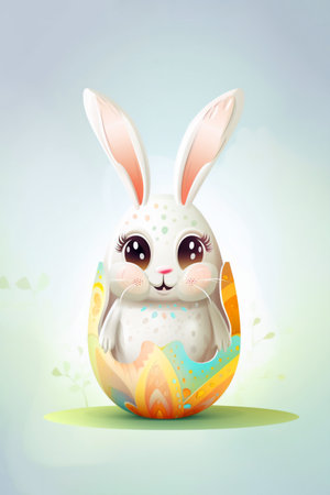 Cute Easter bunny with egg on colorful background. Vector illustration style.の素材