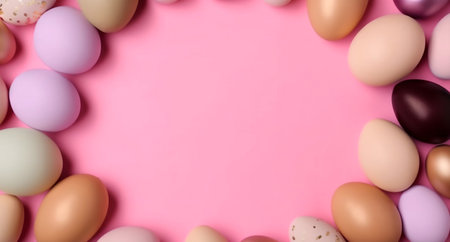 Easter eggs on pink background. Top view with copy space.の素材