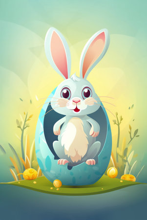 Nice bunny enclosed in a light blue egg. Cartoon-style imageの素材