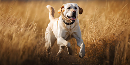 White dog labrador retriever running in the field on a sunny day.Hyper-realistic imageの素材