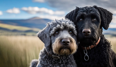 Portrait of two black terrier dogs sitting in the field.の素材
