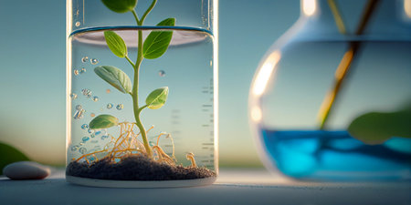 Green sprout growing from soil in test tube. Biotechnology conceptの素材