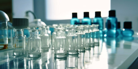 Laboratory glassware with blue liquid, science research and development conceptの素材
