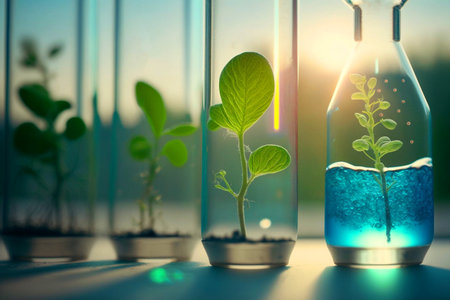 Green seedlings growing in test tubes. Scientific research and development concept. Hyper-realistic imageの素材