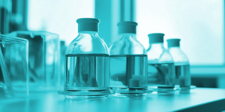 Laboratory glassware containing liquid, science research and development concept. Hyper-realistic image createdの素材