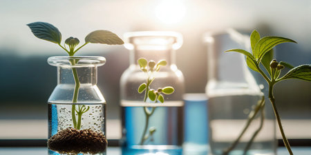 Plant seedling in test tube with light background, science research and development concept. Hyper-realistic image created with generative artificial intelligenceの素材