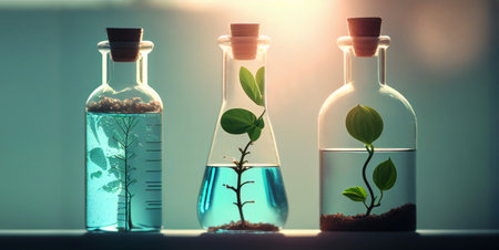 Plants in laboratory glassware, science research and development concept.の素材