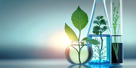 Laboratory glassware with green plant on blue background. Science and laboratory research concept.の素材