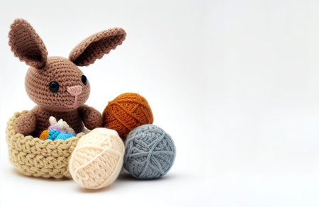 Easter bunny and yarn balls on white background with copy space.の素材