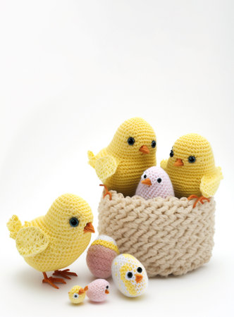 Easter chicks in a basket on a white background with copy spaceの素材