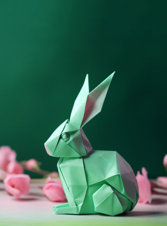 Green origami paper bunny with pink flowers and on a green background. Easter minimal concept.の素材
