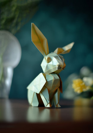 Easter bunny made of origami paper on a dark background.の素材