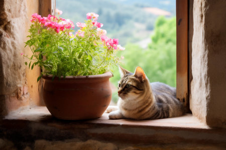 Cute cat crouched on the windowsill next to a vase of flowers. Photographic style image created with generative artificial intelligence.の素材