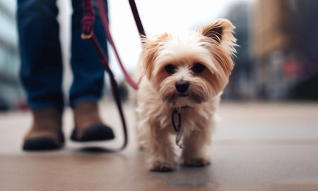 Little Yorkshire Terrier on a leash walking around town, front view. Photo-style image created with generative AI.の素材