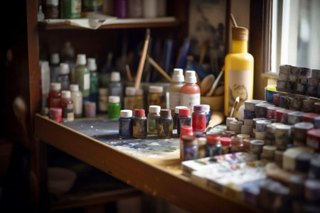 A painter's studio with paints and brushes. Photo-style image created with generative AI.の素材