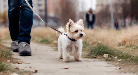 Small West Highland White Terrier walking in the city park. Dog on a leash. Photo-style image created with generative AI.の素材