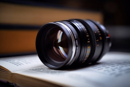 Close-up of a camera lens on an open book, shallow depth of fieldの素材