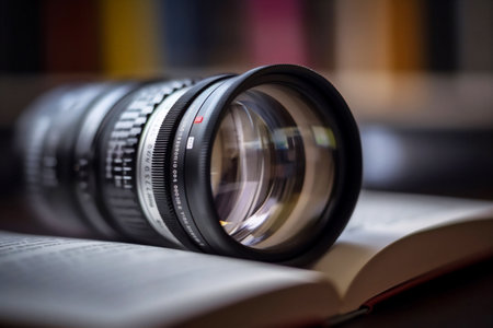 Close up of a camera lens on a book with shallow depth of fieldの素材