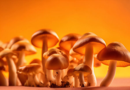 Mushrooms on orange background. Shallow depth of field.の素材