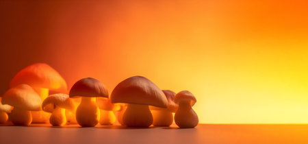 Mushrooms on a background of orange and yellow light. Shallow depth of field.の素材