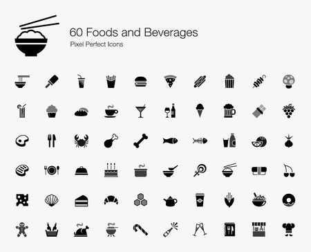 60 Foods and Beverages Pixel Perfect Iconsのイラスト素材