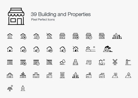39 Building and Properties Pixel Perfect Icons (line style)のイラスト素材