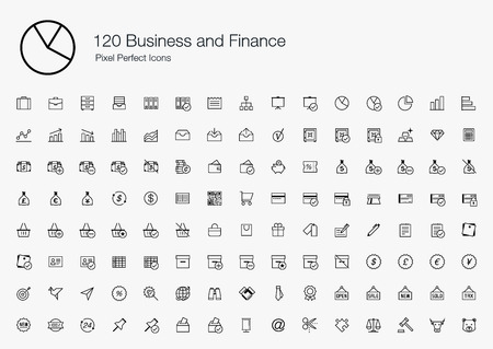 120 Business and Finance Pixel Perfect Icons (line style)のイラスト素材