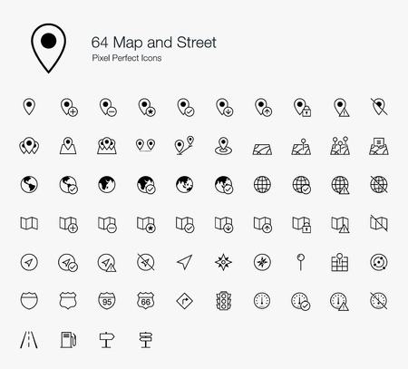 64 Map and Street Pixel Perfect Icons (line style)のイラスト素材