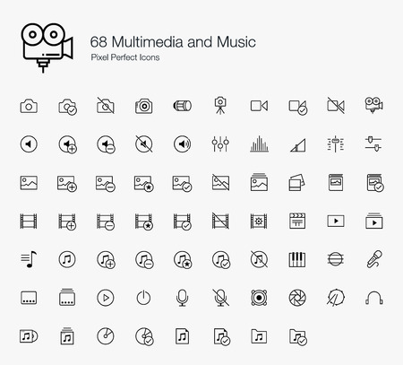 68 Multimedia and Music Pixel Perfect Icons (line style)のイラスト素材