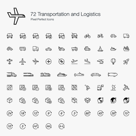 72 Transportations and Logistics Pixel Perfect Icons (line style)のイラスト素材