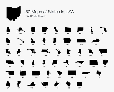 All 50 USA States Map Pixel Perfect Icons (Filled Style). Vector icons of the complete United States of America states map.のイラスト素材