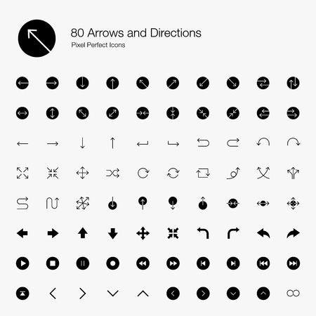 80 Arrows and Directions Pixel Perfect Icons (Filled Style). Vector icons set of various arrows, directions, and buttons.のイラスト素材