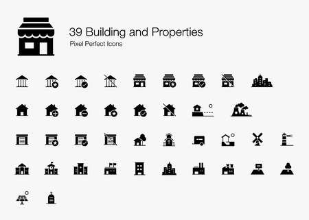 39 Building and Properties Pixel Perfect Icons (Filled Style). Vector building icons of house, shop, factory, school, government, garage, hospital, land, and more.のイラスト素材
