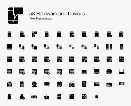 58 Hardware and Devices Pixel Perfect Icons (Filled Style). Vector icons of smartphone, tablet, server, computer, cloud computing, and technology devices.のイラスト素材