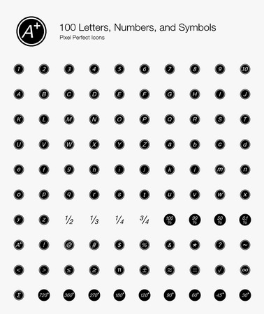 100 Letters, Numbers, and Symbols Pixel Perfect Icons (Filled Style). Vector icons of basic text, alphabet, and numbering in circle.のイラスト素材