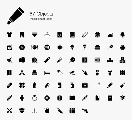 67 Objects Pixel Perfect Icons (Filled Style). Vector icons of basic household and industrial objects and things.のイラスト素材