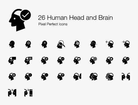 26 Human Head and Brain Pixel Perfect Icons (Filled Style). Vector icon set of person mind, mental, thinking, interaction, and actions.のイラスト素材
