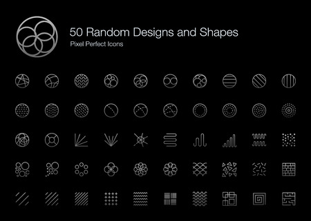 50 Random Designs and Shapes Pixel Perfect Icons (Line Style Shadow Edition). Vector icon set of random round circle pattern,  abstract lines, and shapes.のイラスト素材