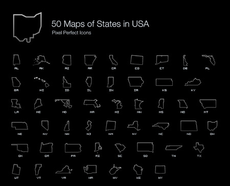 All 50 USA States Map Pixel Perfect Icons (Line Style Shadow Edition). Vector icons of the complete United States of America states map.のイラスト素材