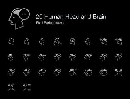 26 Human Head and Brain Pixel Perfect Icons (Line Style Shadow Edition). Vector icon set of person mind, mental, thinking, interaction, and actions.のイラスト素材