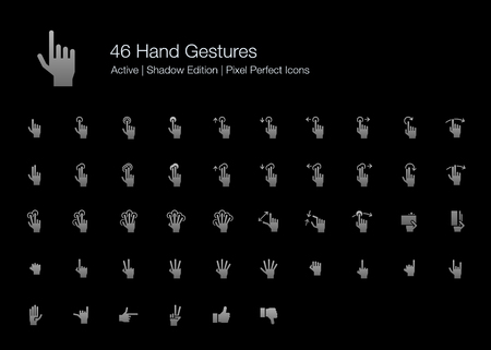 46 Hand Gestures and Finger Actions Pixel Perfect Icons (Filled Style Shadow Edition). Vector icons of hand and finger pointing, pressing, sliding, and holding when using touchscreen on smartphone or tablet device.のイラスト素材