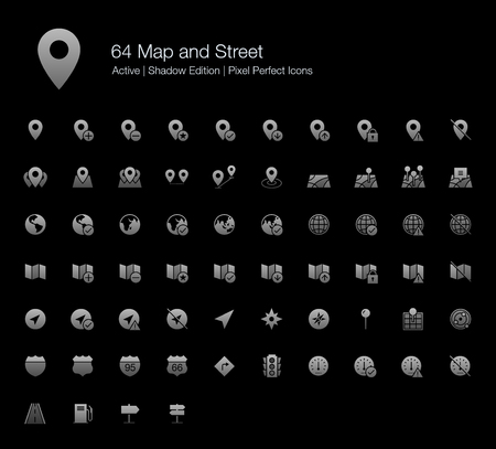 64 Map and Street Pixel Perfect Icons (Filled Style Shadow Edition). Vector icons for map, directions, and GPS.のイラスト素材