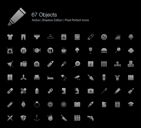 67 Objects Pixel Perfect Icons (Filled Style Shadow Edition). Vector icons of basic household and industrial objects and things.のイラスト素材