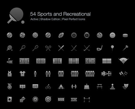 54 Sports and Recreational Pixel Perfect Icons (Filled Style Shadow Edition). Vector icons set of sports, fitness, games, and leisure activities.のイラスト素材
