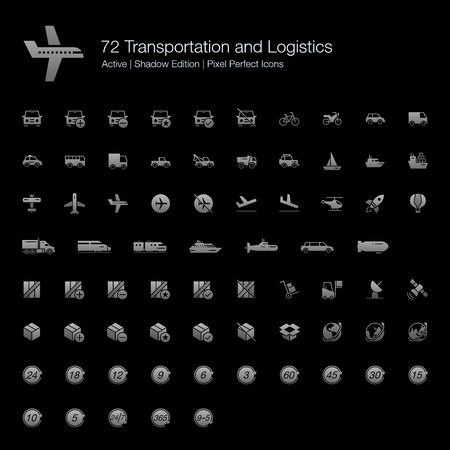72 Transportation and Logistic Pixel Perfect Icons (Filled Style Shadow Edition). Vector icons set for ground, air, and water vehicles and transports. Logistic  industry symbols for box, parcel, package, and global.のイラスト素材