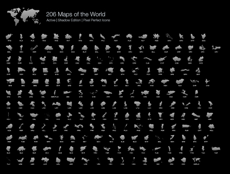 All 206 Complete Countries Map of the World Pixel Perfect Icons (Filled Style Shadow Edition). Every single country map are listed and isolated with wordings and titles. A complete maps of the world outline.のイラスト素材