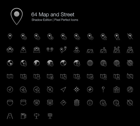 54 Map and Street Pixel Perfect Icons (line style) Shadow Edition. Set of vector icons representing street map symbols in grey shading gradient for dark theme design.のイラスト素材
