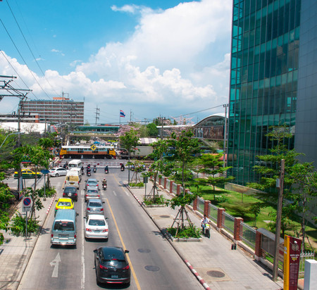 Bird eye Interception road in Bangkok Thailand with Blue sky car trafficのeditorial素材